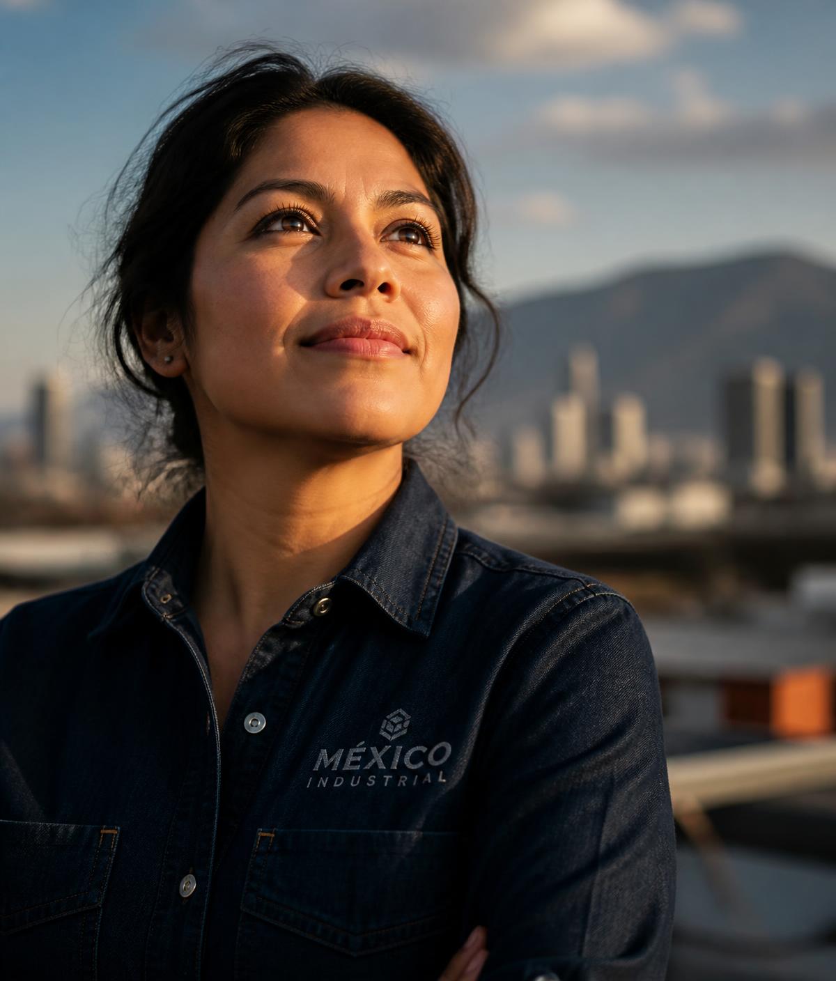 Mujer adulta trabajadora en un entorno urbano al atardecer