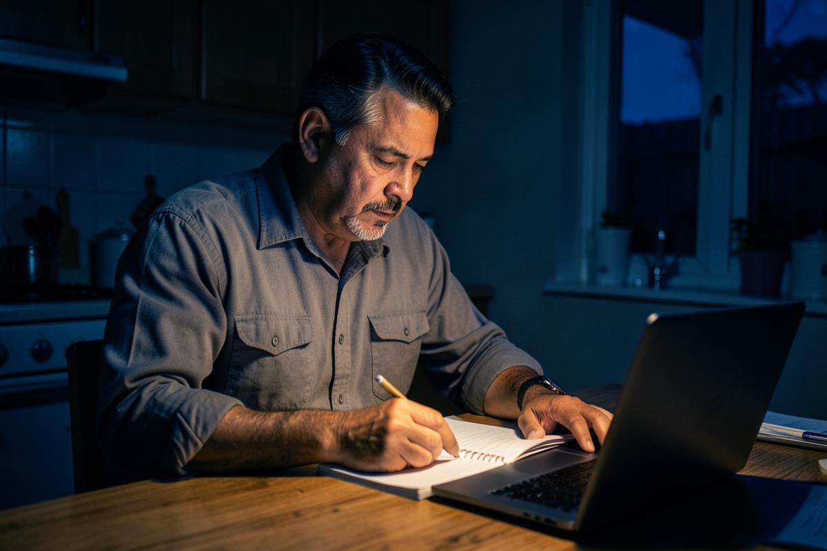 Persona adulta estudiando en casa por la noche