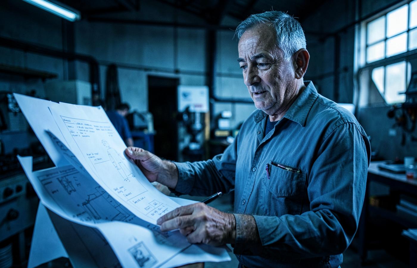 Trabajador adulto revisando documentos y planos